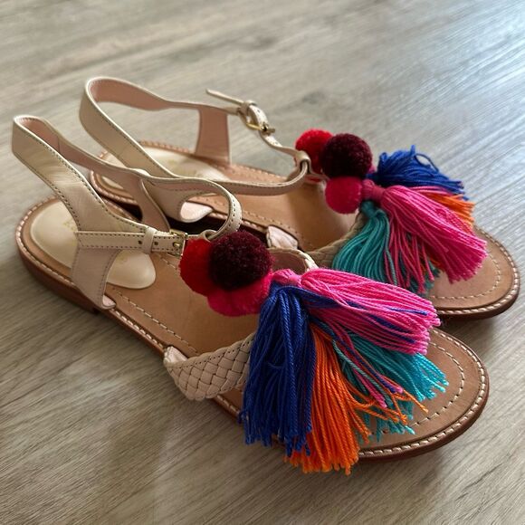 Kate Spade New York Sunset Sandals Pom Poms Tassles Woven Leather Straps Size 9 - Picture 3 of 12